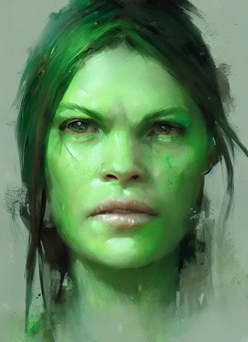 Image similar to green orc female, light green tone beautiful face, by jeremy mann, by greg rutkowski, digital painting