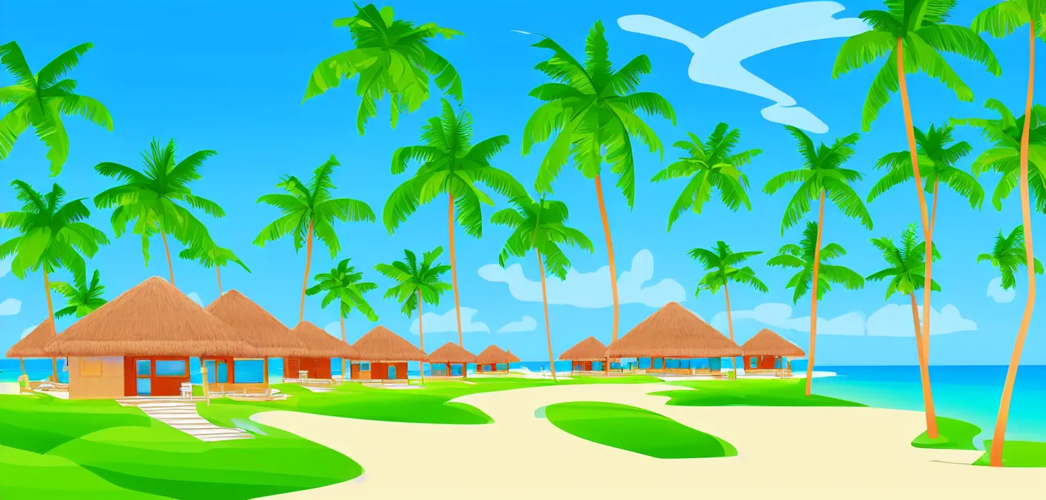 Image similar to modern bungalows on island resort beach, tropical summer landscape with houses on piles with terrace, palm trees, vector art, flat art