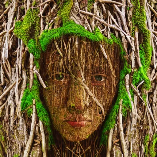 Image similar to a portrait of a woman made of tree roots and sticks, moss, mother nature, green