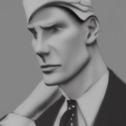 Image similar to A photograph portrait of Jerma985 wearing a suit with and fedora in the 1940s, taken in the early 1940s, grainy, taken on a 940s Kodak Camera, realistic, hyperrealistic, very realistic, highly detailed, very detailed, extremely detailed, detailed, digital art, trending on artstation