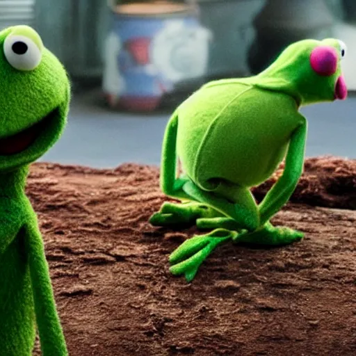 Prompt: a movie still of kermit the frog from shaun the sheep.