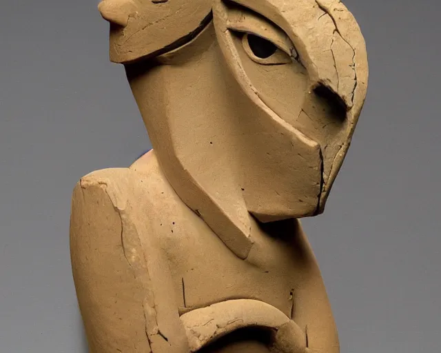 Prompt: an ancient effigy of a half-bird half-man, clay sculpture, cubism, photograph
