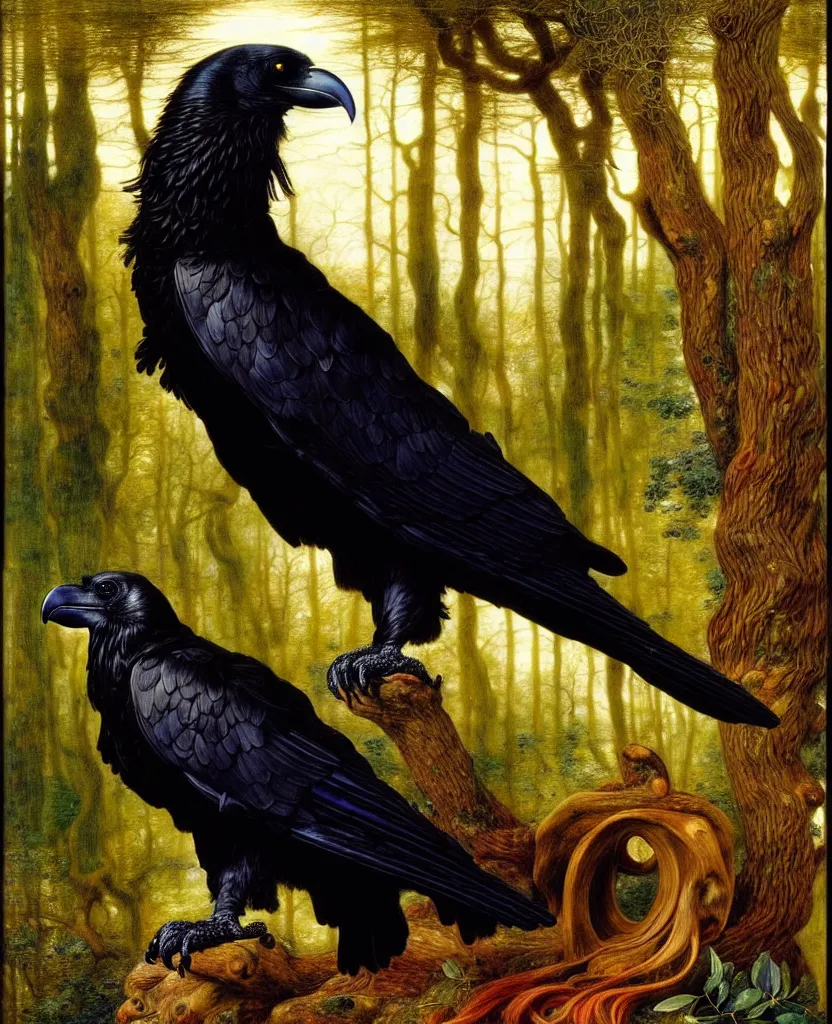 Image similar to a breathtakingly stunningly pre raphaelite beautifully highly detailed animal portrait of a majestic raven, in an forest with arch and smokey reflections, framed, by rosetti and devinci and michael cheval and sidney cooper and turner, 4 k