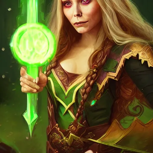 Image similar to beautiful female elf sorcerer, green lighting, elizabeth olsen face, in hearthstone art style, epic fantasy style art, fantasy epic digital art, epic fantasy card game art