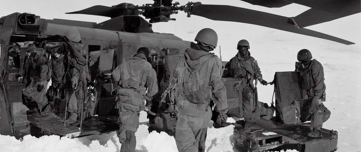 Image similar to establishing wide shot color movie like 3 5 mm photograph of a us soldier unloading metal crate from a black military 1 9 8 2 helicopter in antarctica