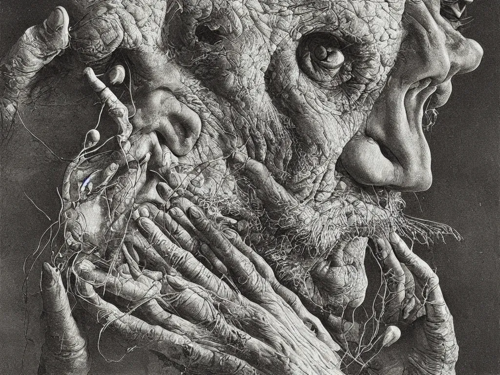 Prompt: Close up view of the nostrils of an old man. Painting by Beksinski, Walton Ford, Ernst Haeckel