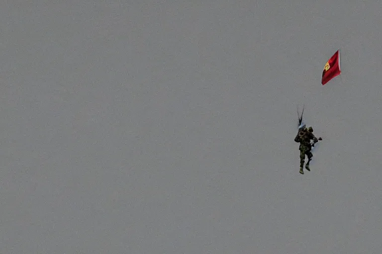 Image similar to bangladesh army commander jumping from a helicopter, cinematic shot, motion still, atmospheric