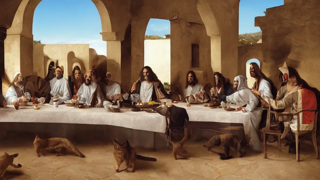 Prompt: humans with cat heads dressed in suits sitting around a table in the scene of the last supper, under the porch of a typical portuguese house, with typical alentejo landscape in the back, sunny morning, matte painting, oil canvas, photorealistic illustration, extreme detail, hyper realistic, highly detailed, digital art