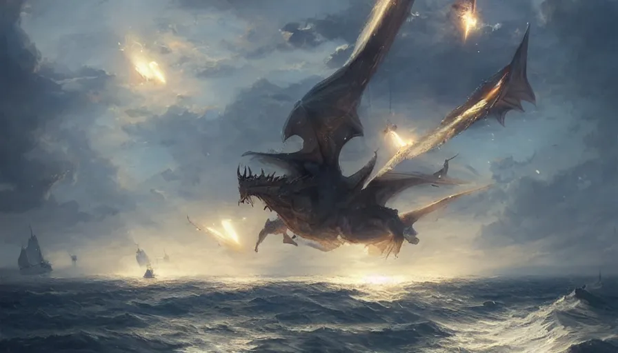 Prompt: dragon breathing fire in the sky above a single navy sailing ship by greg rutkowski