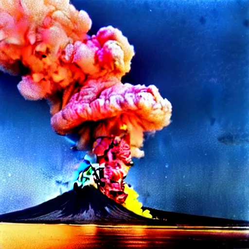 Prompt: colourful cinematic photo of hundreds of zeppelins clustered around an active volcano on an island