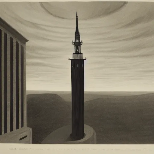 Prompt: an engraving of a storm battering a lighth tower skyscrepper in city downtown by edward hopper