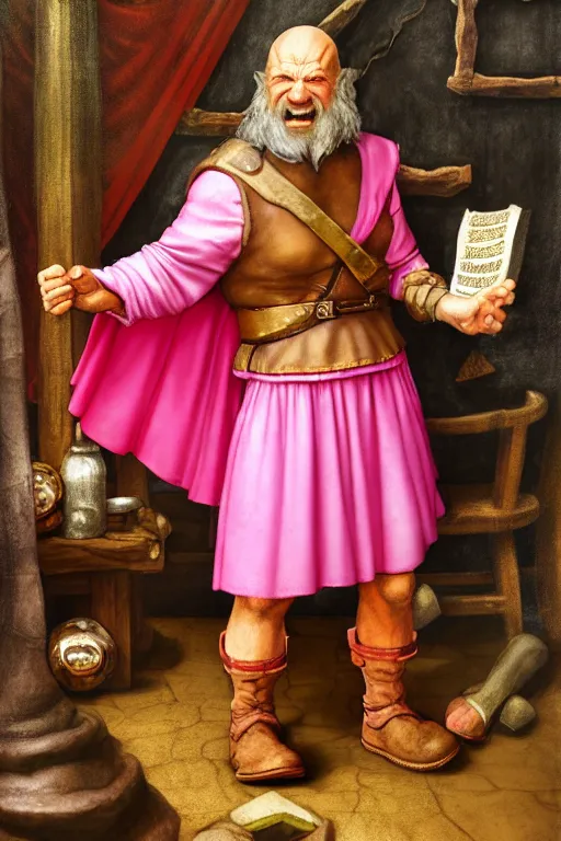 Prompt: male dwarfish cleric wearing only boots and a pink skirt, holding a holy symbol, he is preaching, he looks like he is insane. the background is a friendly tavern. The mood is friendly and welcoming. dungeons and dragons, highly detailed, digital painting, artstation, concept art, sharp focus, illustration, art by Leonardo da Vinci and Michelangelo and Botticelli