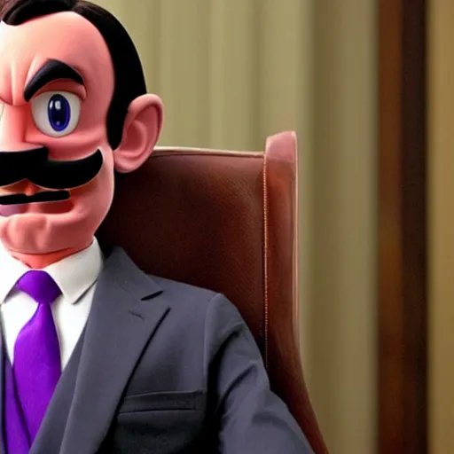 Prompt: Nintendo Waluigi sitting menacingly and powerfully in a chair as Francis Underwood in House of Cards