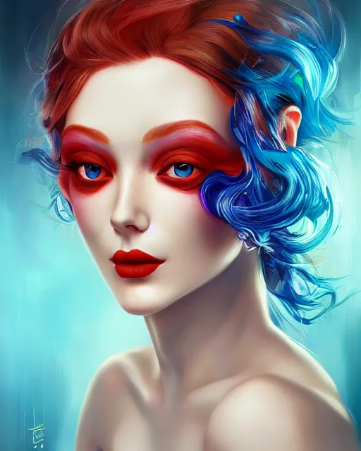 Prompt: a portrait of a beautiful woman with blue eyes and red hair, centered face, highly surrealistic art in the style of Salvador Dali and Ross Tran, highly detailed, trending on artstationhq