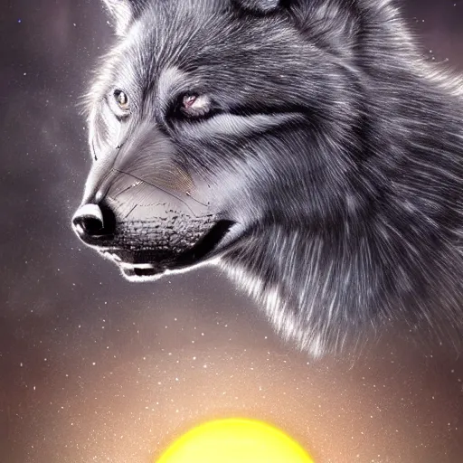 Prompt: a clear, sparkling diamond wolf in front of a full moon, fantasy art, lens flares, high definition