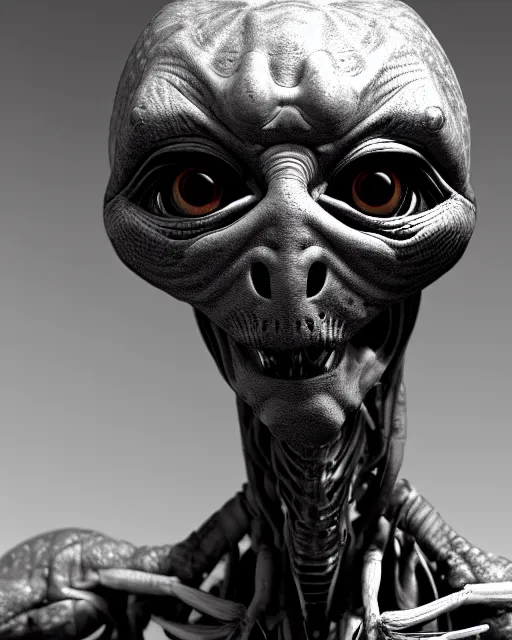 Image similar to photos of a humanoid gray alien with large black eyes and reptilian facial features inside area 51, secret service photos, taken on Fujifilm X-S10,