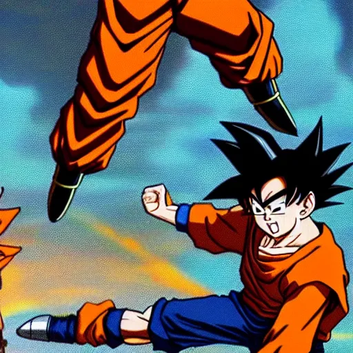 Prompt: a scene from dragonball z of jesus and goku having a standoff while flying above names in the style of dragonball z