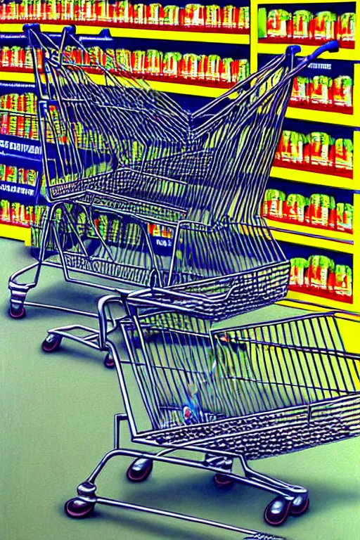 Image similar to a hyperrealistic detailed painting of a creature made of shopping carts at the super market by chris cunningham and richard corben, highly detailed, vivid color,