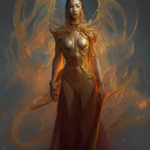 Image similar to female asian fire elemental, ghostly form, transparent, d & d, golden!!! palette, highly detailed, portrait!!, digital painting, artstation, concept art, sharp focus, illustration, cinematic lighting, art by artgerm and greg rutkowski and alphonse mucha