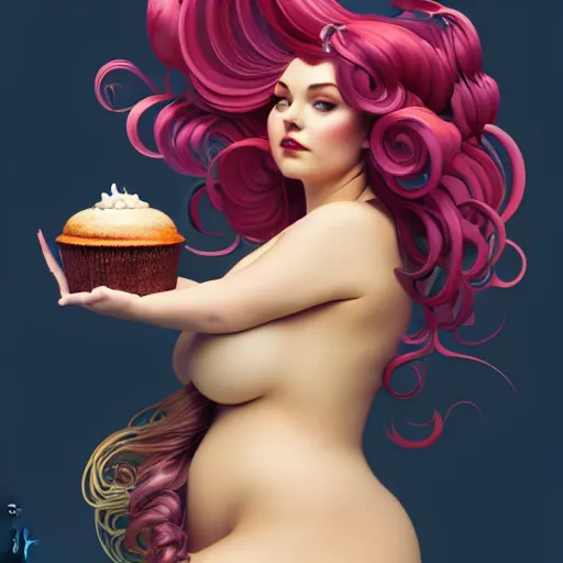 Prompt: curvy woman with a bundt cake as hair, digital art, cinematic, concept art, 8k, painting, imaginefx, cgsociety, art nouveau, Alphonse Mucha, trending on artstation, wide shot, full shot