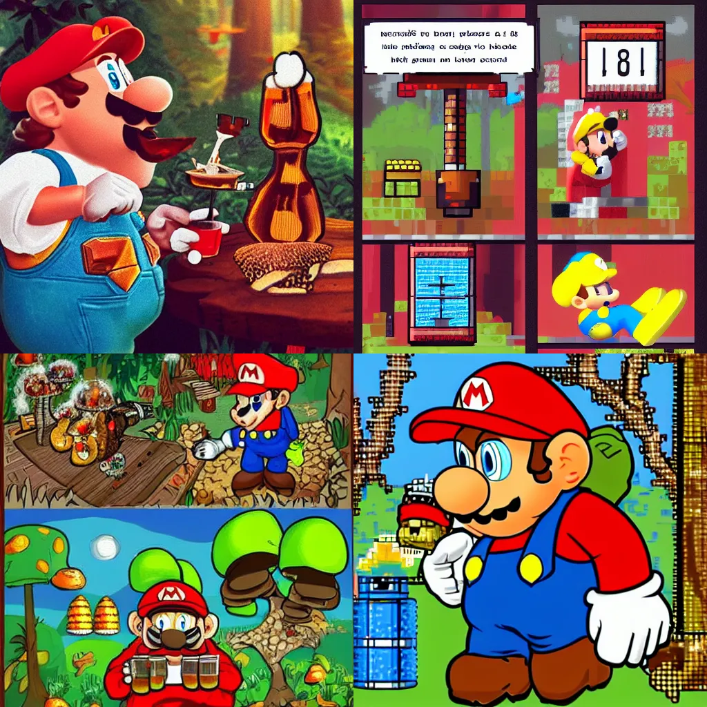 Prompt: beer, drunk mario drinks beer in forest with mushrooms and big fly agaric, 8 bit