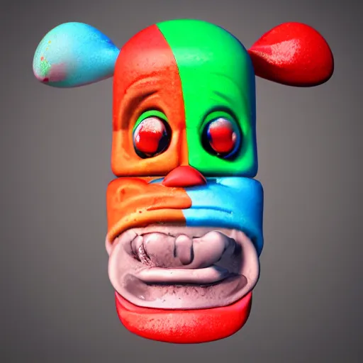 Image similar to ice cream popsicle shaped like screaming chucky doll, octane render, centered, slightly melted