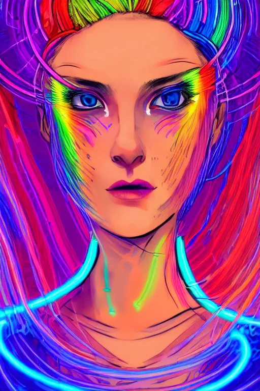 Image similar to a award winning portrait of a beautiful woman with stunning eyes in a one off shoulder croptop and cargo pants with rainbow colored hair, outlined by whirling illuminated neon lines and fine lines swirling in circles by ossdraws, digital art, trending on artstation