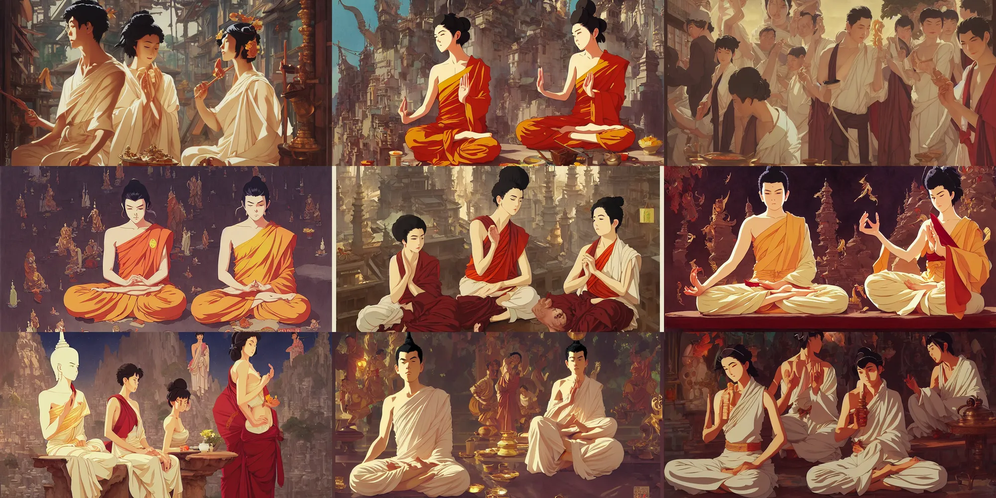 Prompt: buddhism, city, in the style of studio ghibli, j. c. leyendecker, greg rutkowski, artem