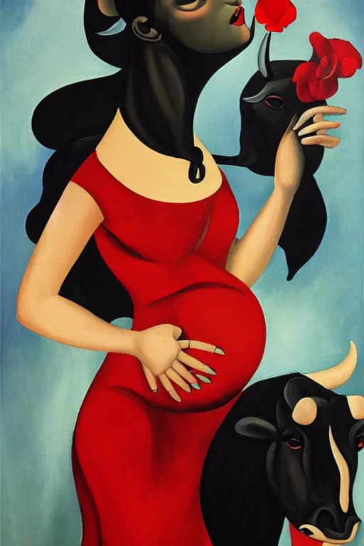 Prompt: highly detailed painting of pregnant flamenco dancer with a black bull head wearing red flowers by tamara de lempicka