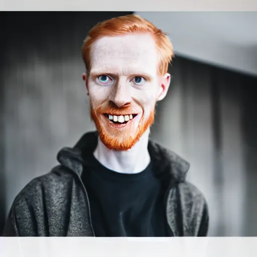 Image similar to photo of a skinny tall ginger men with enormous yellow crooked teeth, ugliest man alive, 8 5 mm, f / 1. 3