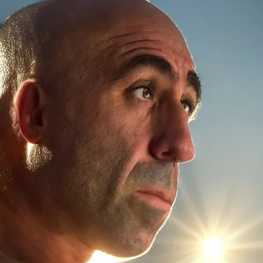 Prompt: joe rogan's face as the sun shining down on little cavemen, intricate, elegant, highly detailed, smooth, sharp focus, 4 k, 8 k uhd, realistic, great detail