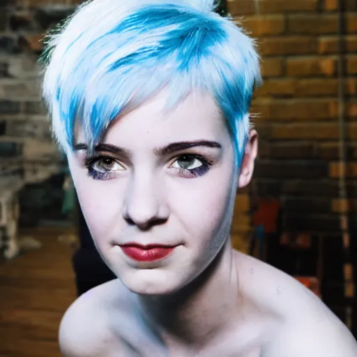 Image similar to photo of young cute punk woman with blue pixie cut posing, hyper detailed