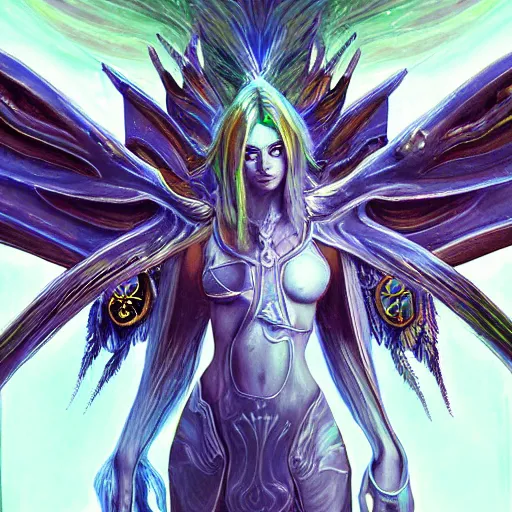 Prompt: Shoulder level close up portrait of a seraphim angel fused with wisp night elves from warcraft 3 , neo solar punk future future metaverse minimal intricate cyborg, sculpted technology tech techno angelic warrior by Mandy Jurgens, cartoon, oil painting , visionary art, symmetric, Heavenly symbols, holy halo, astral patterns, sci-fi