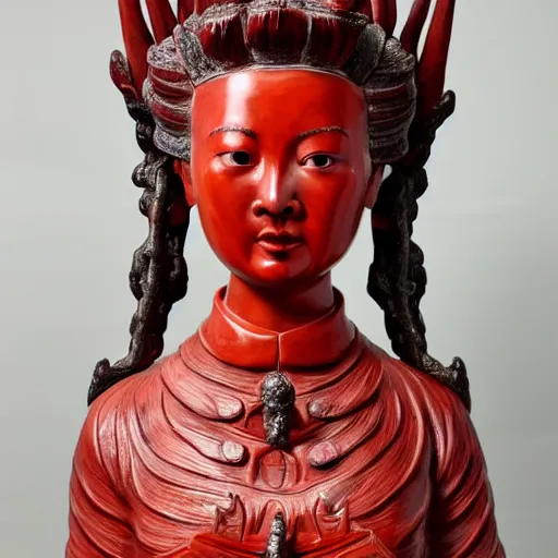 Image similar to museum angeline joile portrait statue monument made from chinese porcelain brush face hand painted with iron red dragons full - length very very detailed by rutkowski symmetrical well proportioned