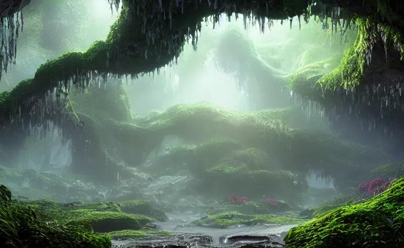 Prompt: a beautiful and stunning digital render of a humongous crystal cave, dimly glowing mushrooms, vines, haze, waterfall, volumetric lighting, photorealistic, unreal engine 5, ultra detail, trending on artstation