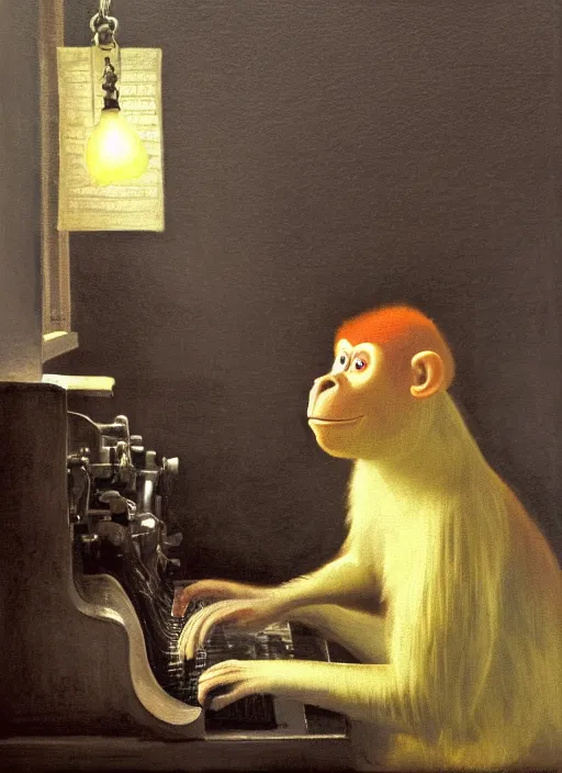 Image similar to medium shot, cinematic, cute orange monkey is typing on the typewriter, enhancements, soft lighting, by john ward, by arthur walker, by vermeer, by monet, oil on canvas, royal academy, masterpiece, trending on artstation, cinematic composition, dramatic pose, beautiful lighting, sharp, details, hyper - detailed, hd