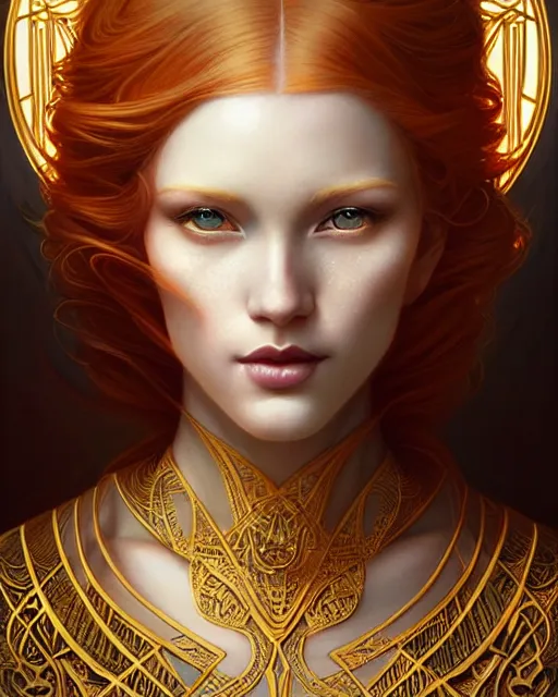 Image similar to Beautiful and playful ethereal ginger portrait, art deco, fantasy, intricate art deco golden designs, elegant, highly detailed, sharp focus, art by Artgerm and Greg Rutkowski and WLOP