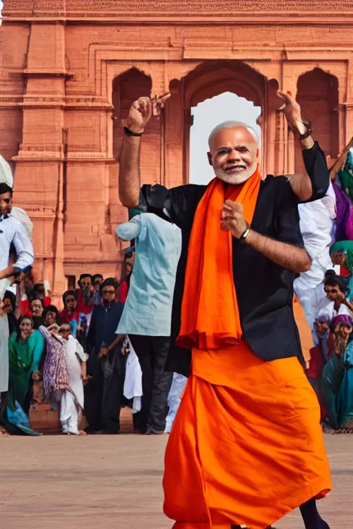 Image similar to narendra modi dancing in india gate closeup, india, detailed, photography alexey kurylev, cinematic