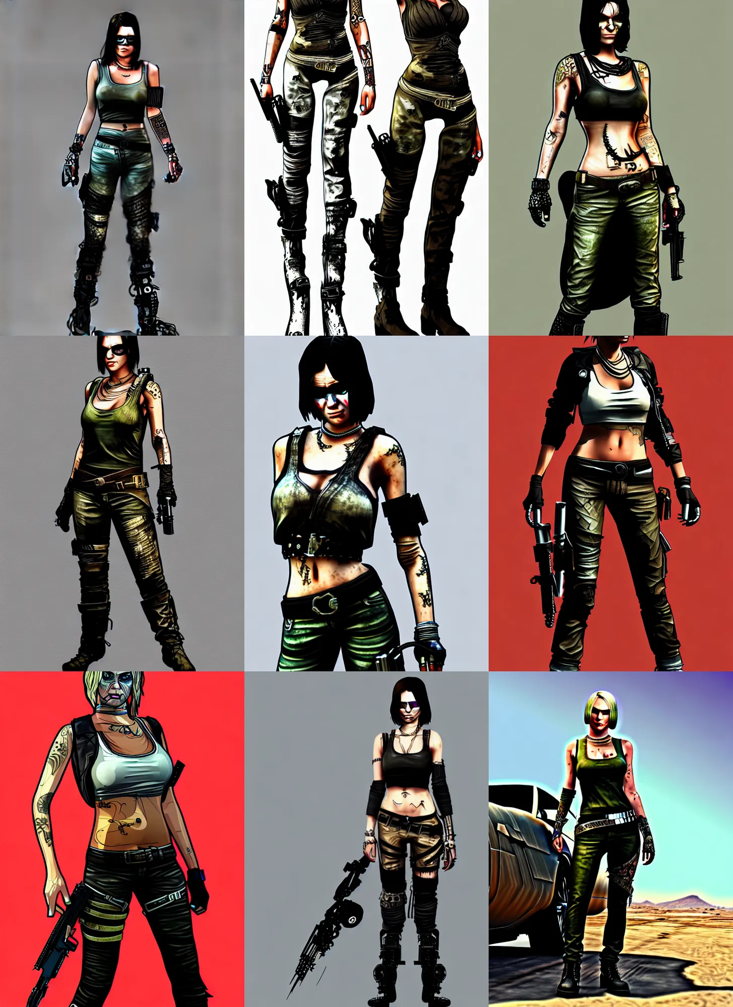 Prompt: full body concept, cell shaded gtav style mad max female with beautiful face wearing intricate clothing