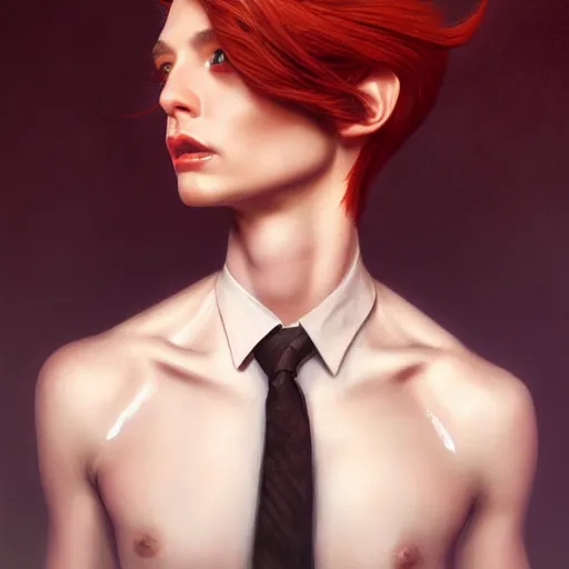 Prompt: portrait of a beautiful nonbinary model with tan skin and messy short red hair wearing a men's suit, elf ears and copper eyes, by Gerald Brom and Ross Tran, hyper-realistic, soft lighting, 4K, trending on artstation