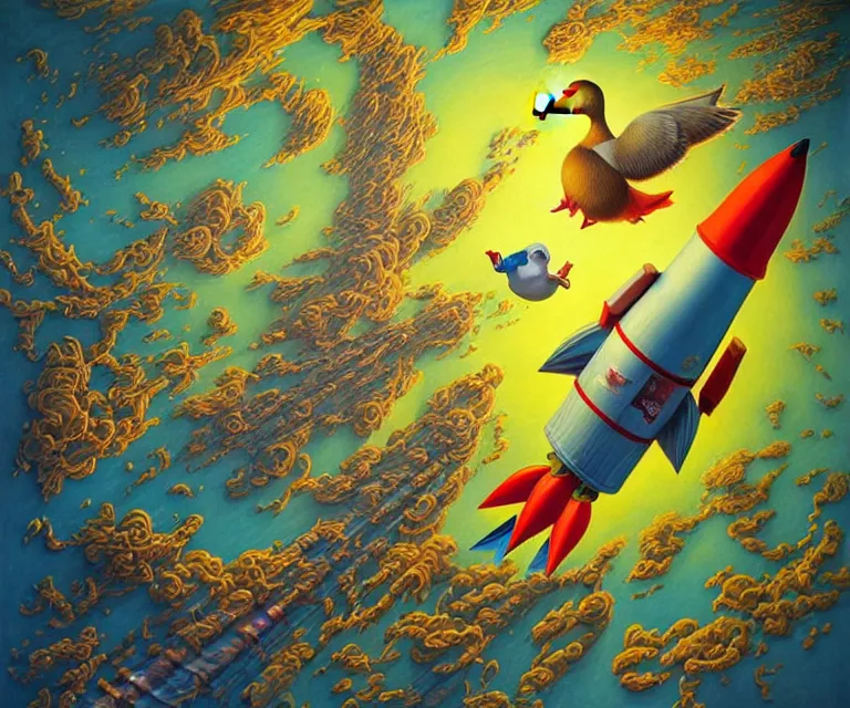 Image similar to hyper detailed 3d render like a Oil painting - a cartoon duck launching a rocket into deep space, by Jacek Yerka, Mariusz Lewandowski, Houdini algorithmic generative render, Abstract brush strokes, Masterpiece, Edward Hopper and James Gilleard, Zdzislaw Beksinski, Mark Ryden, Wolfgang Lettl, hints of Yayoi Kasuma, octane render, 8k