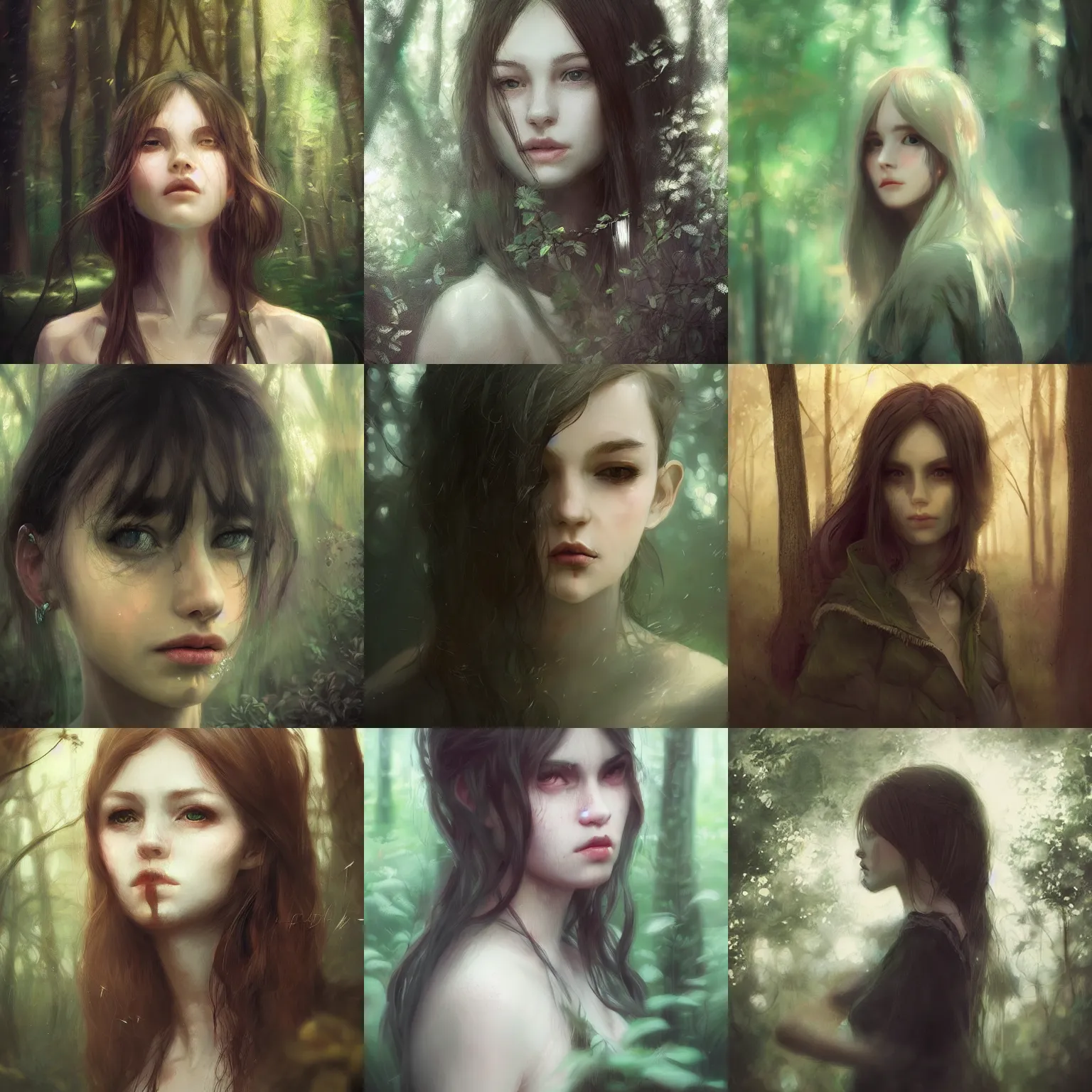 Prompt: portrait woman in a forest | sad lost mysterious | intricate details sharp focus | art by wlop trending on artstation deviantart