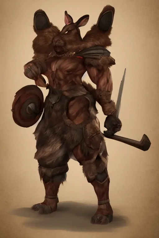 Image similar to anthropomorphic muscled rabbit warrior, Artstation