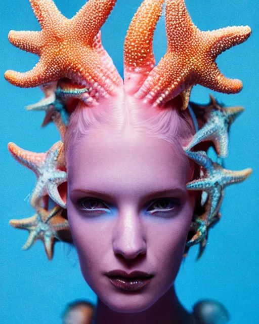 Prompt: natural light, soft focus portrait of a cyberpunk anthropomorphic starfish with soft synthetic pink skin, blue bioluminescent plastics, smooth shiny metal, elaborate ornate head piece, piercings, skin textures, by annie leibovitz, paul lehr