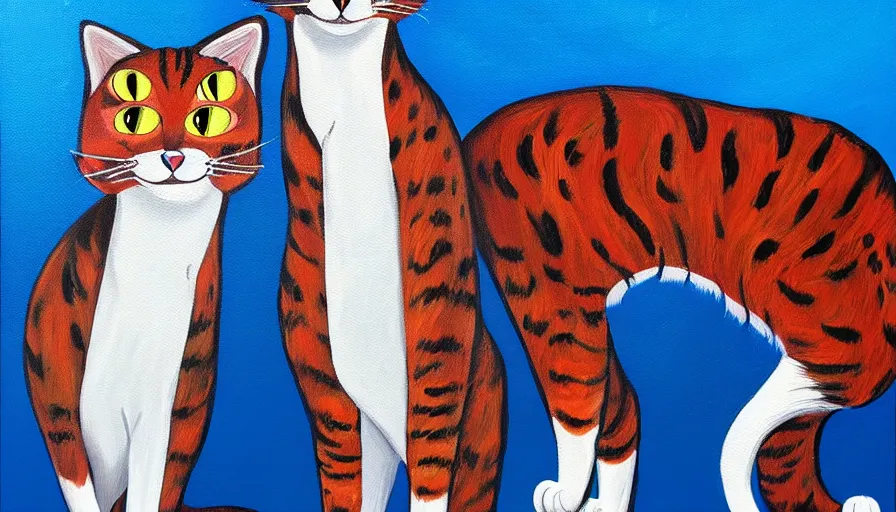 Prompt: acrylic painting of really tall cats by fandooby magoof, thick brush strokes and visible paint layers