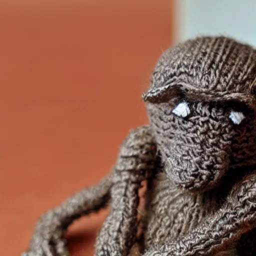 Prompt: “a close up shot of a tiny knitted monkey with a top hat”