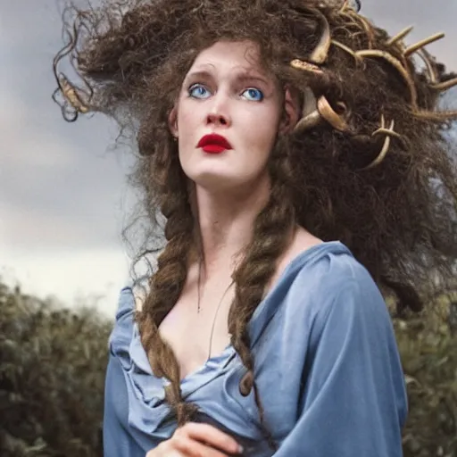 Image similar to a woman curled up in a ball on the deck of a ship, a beautiful english woman with a long face narrow nose pale skin blue eyes red lips and wild messy tangles of curly white blonde hair, high resolution film still wearing a black robe and skull necklace and holding a spear, sandy, a journey to the west