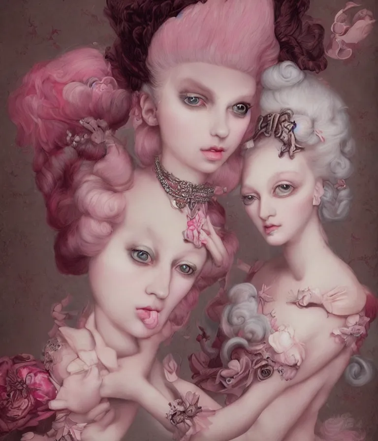 Prompt: pop surrealism, lowbrow art, realistic marie antoinette girl painting, pink body harness, hyper realism, muted colours, rococo, natalie shau, loreta lux, tom bagshaw, mark ryden, trevor brown style