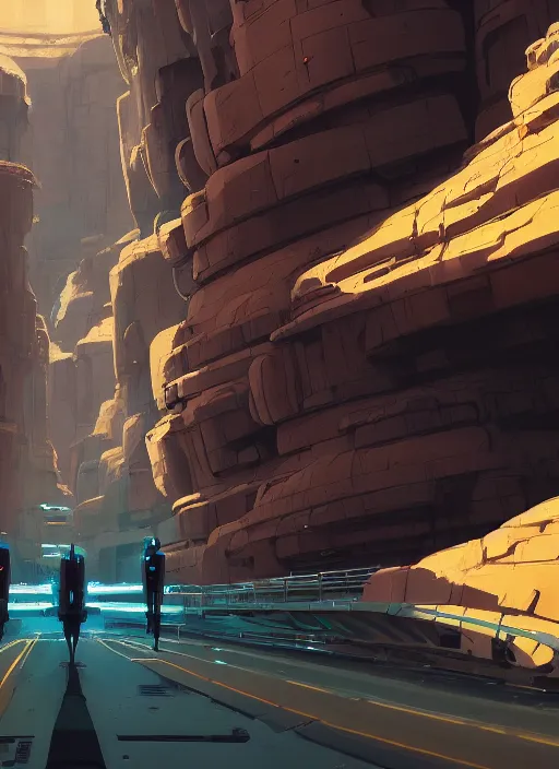 Image similar to canyon with giant gate, nuclear powered, detailed, futuristic, cory loftis, james gilleard, atey ghailan, makoto shinkai, goro fujita, studio ghibli, rim light, exquisite lighting, clear focus, very coherent, plain background