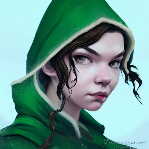 Image similar to Portrait of Anya Taylor-Joy as an elf ranger, pale green hooded cloak, lord of the rings, mattepainting concept Blizzard pixar maya engine on stylized background splash comics global illumination lighting artstation lois van baarle, ilya kuvshinov, rossdraws